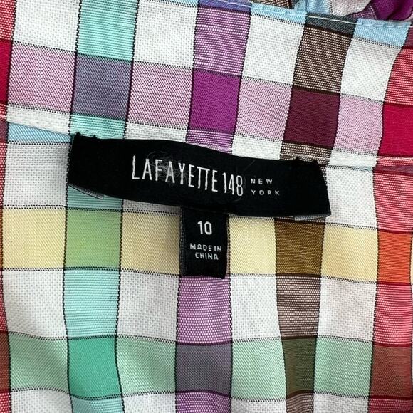 Lafayette 148 rainbow check ruffle neck blouse sz 10 - Picture 3 of 6